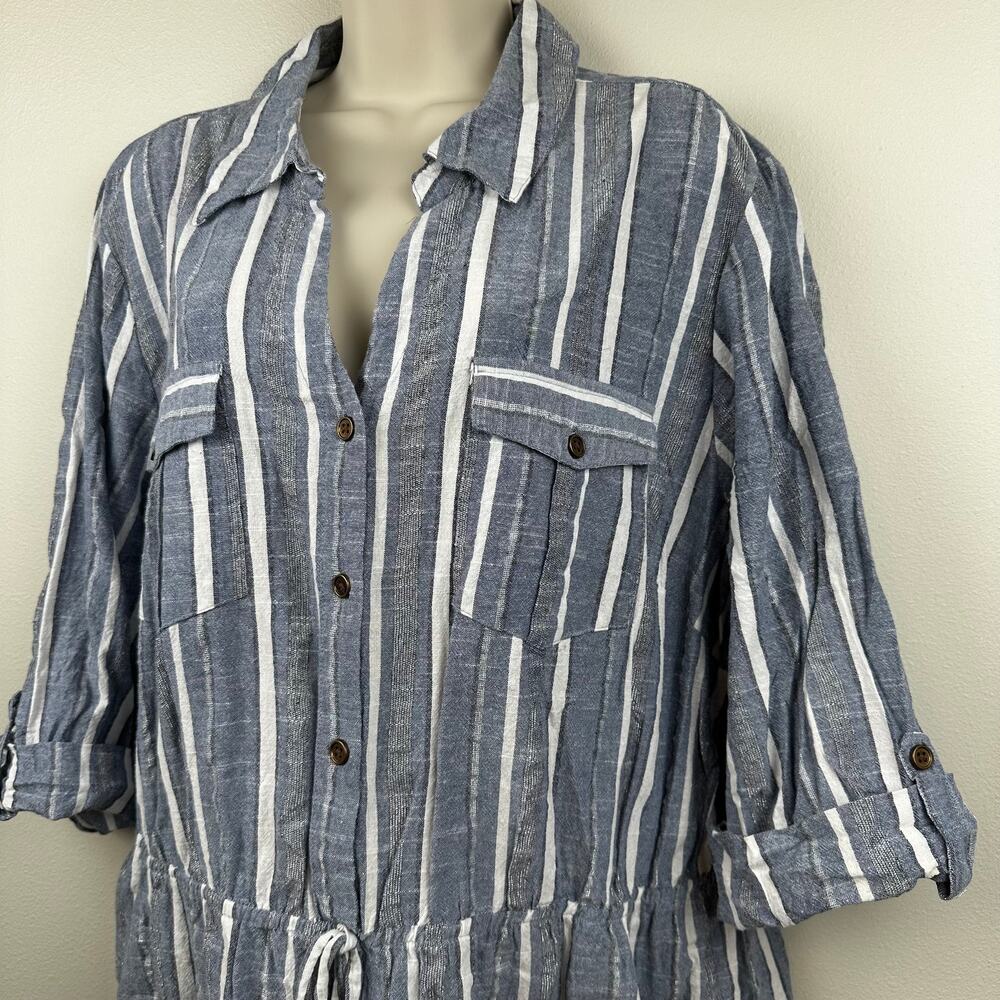 Mlle Gabrielle Shirt Dress Elastic Drawstring Waist Cotton Metallic Blue 3X - Picture 3 of 10